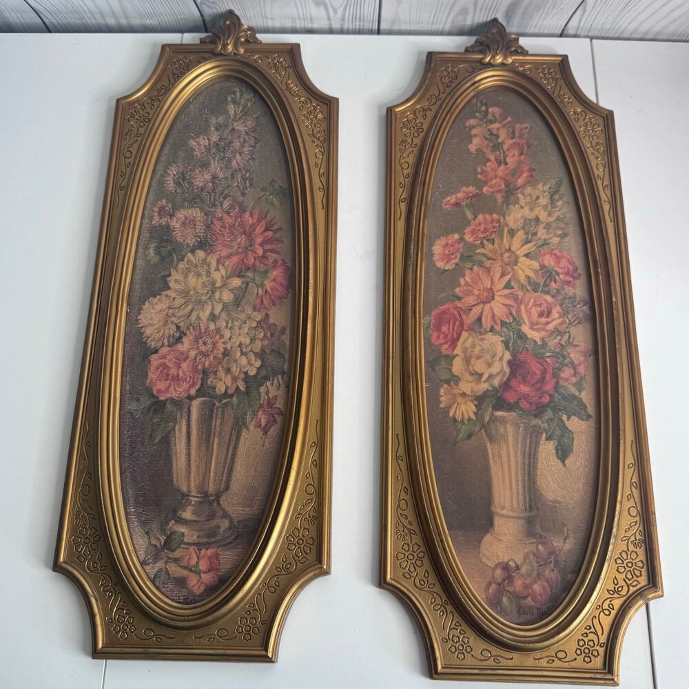 Mid Century 1964 Cecil Rubino Gold Frame and Painted Floral Vase Art Set of 2